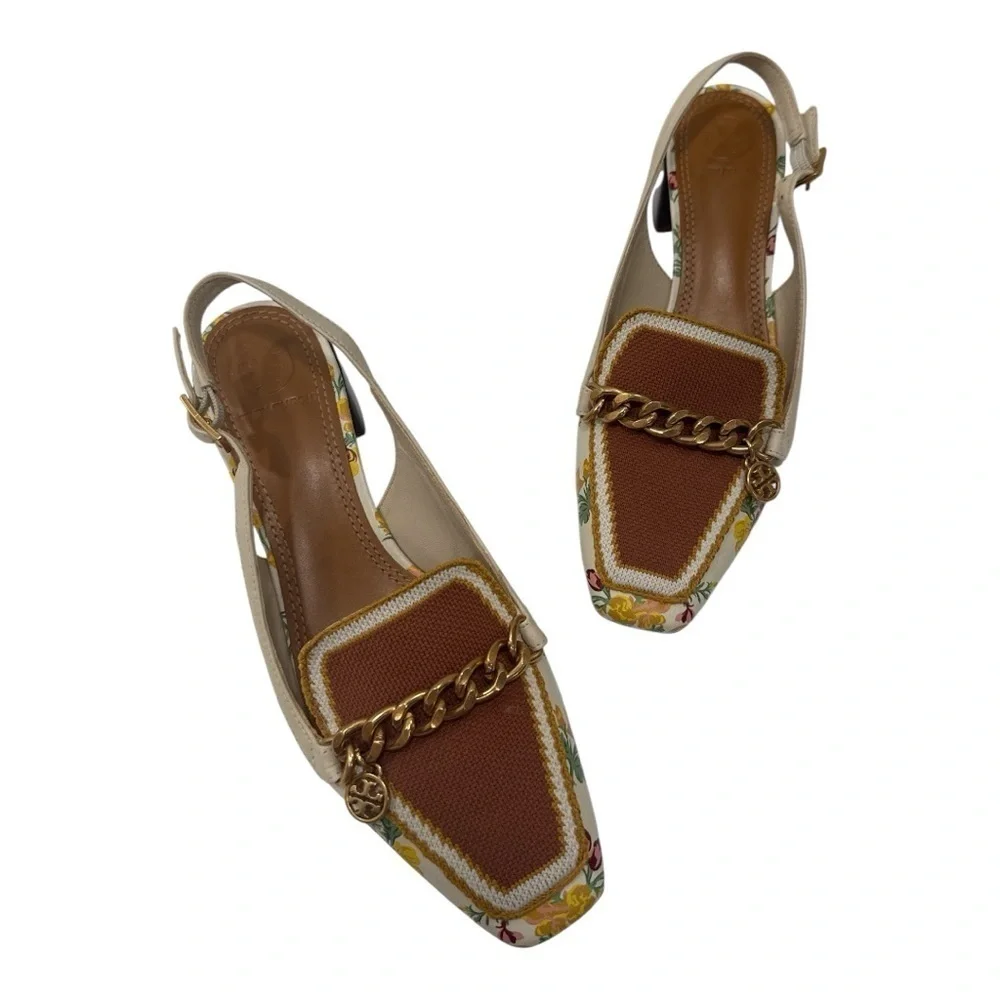 Tory Burch Mini Benton Charm Floral Chain-Embellished Slingback Heels size 6 M